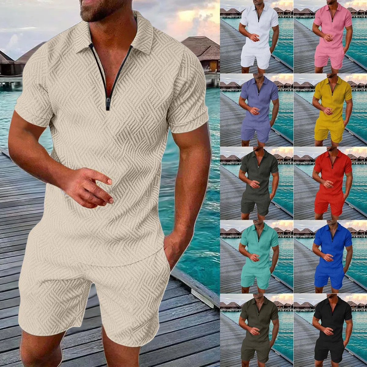 Generico Completo Uomo Casual Estivo Camicia e Pantaloncino Set Tuta 2 Pezzi Tempo Libero Abbigliamento Comodo da Casa Relaxed Fit Abiti Spiaggia Coordinato Curvy Leggero Completino