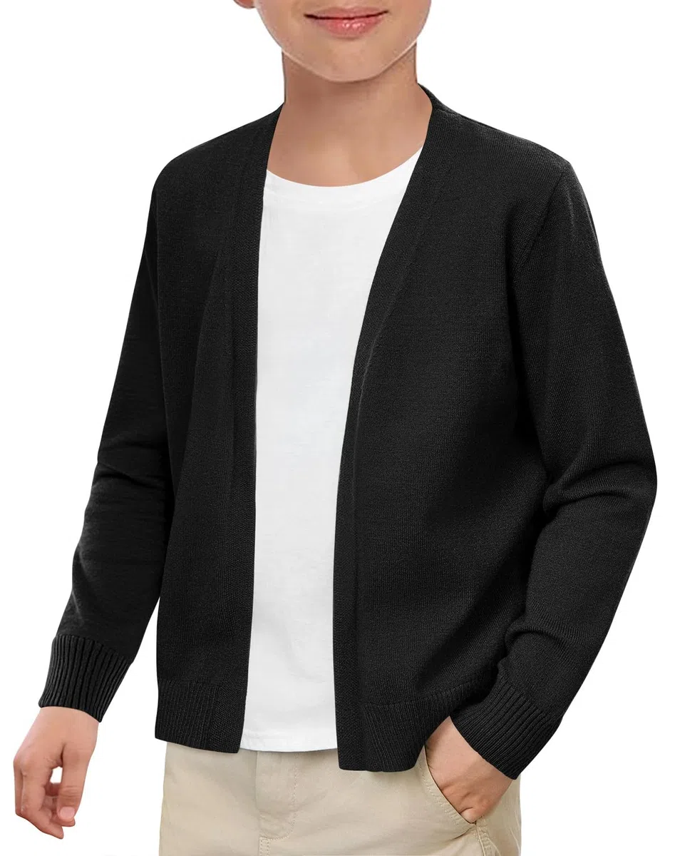 Haloumoning Cardigan per uniforme scolastica per bambini, lavorato a maglia, aperto sul davanti, a maniche lunghe, 5-14 anni