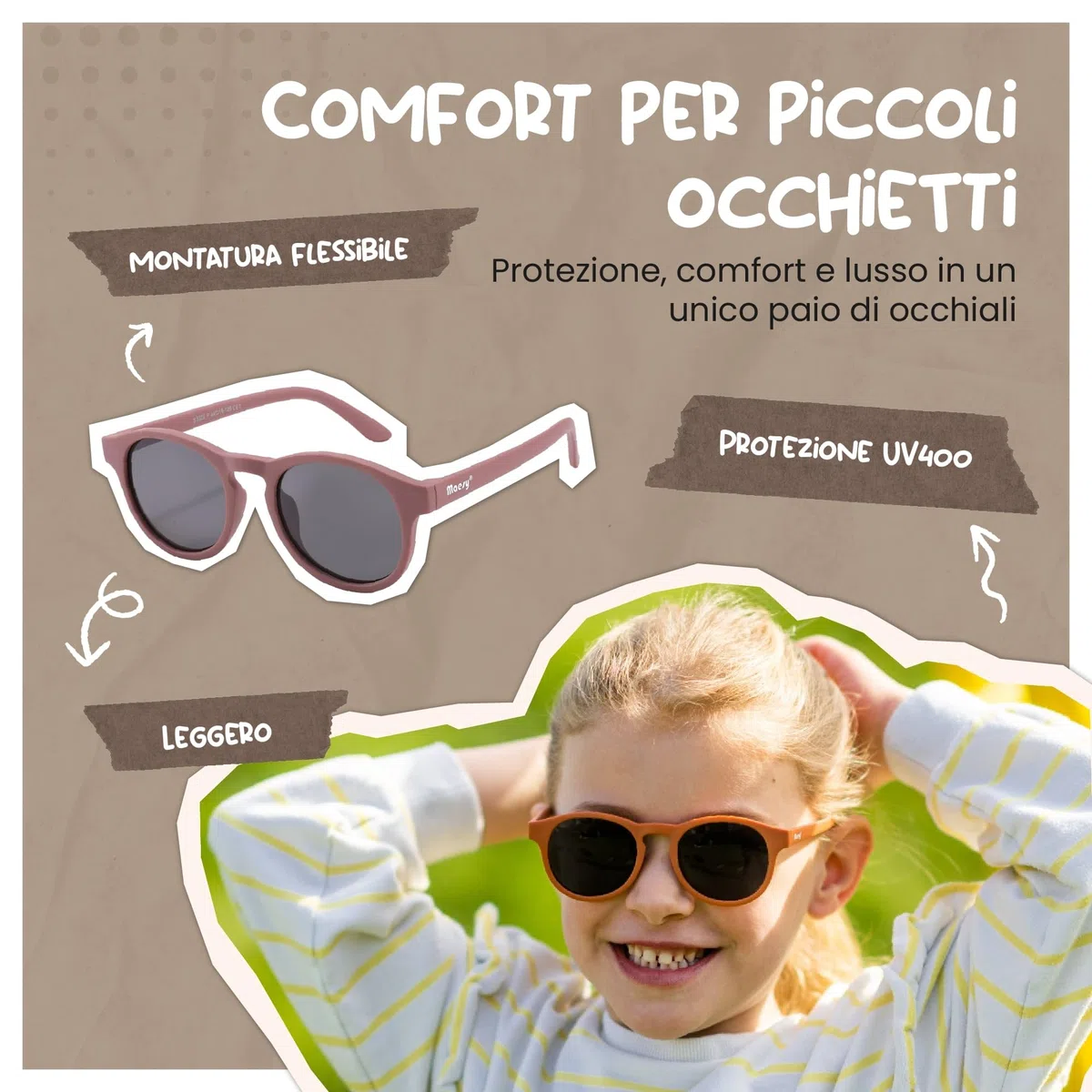 Occhiali da Sole per Bambina, 3-6 Anni, Protezione Polarizzata UV400, Montatura Flessibile e Pieghevole, Occhiali da Sole Sicuri e Comodi per Bambino, Faela