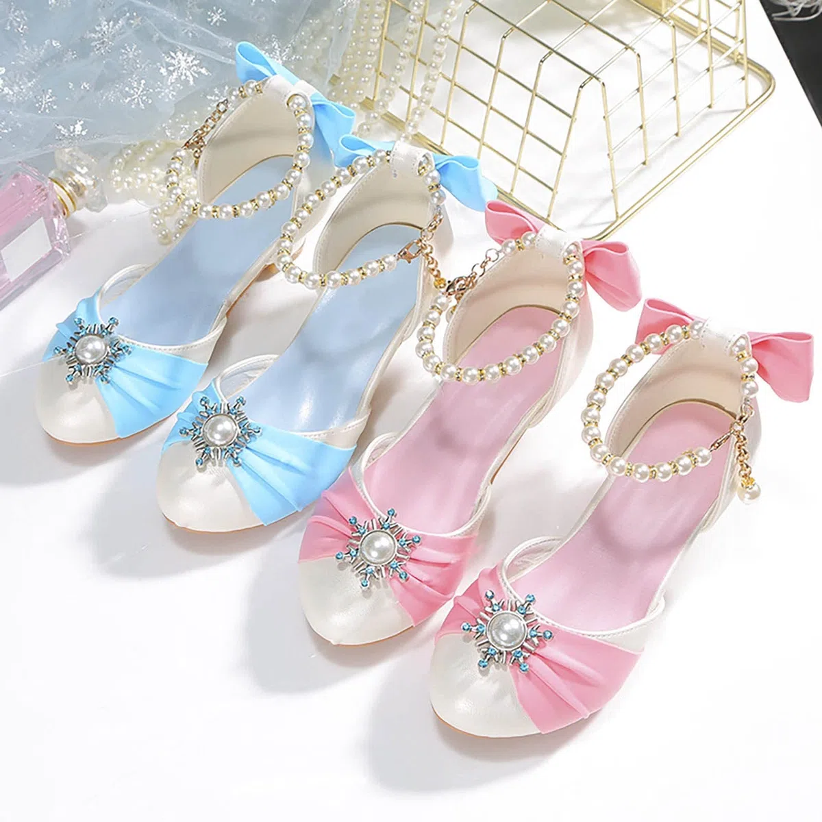 Scarpe da bambina con fiori singoli, brillanti diamanti a rete, con fiocco, da principessa, carine ed eleganti, per bambini, scarpe da ballo, scarpe da sera