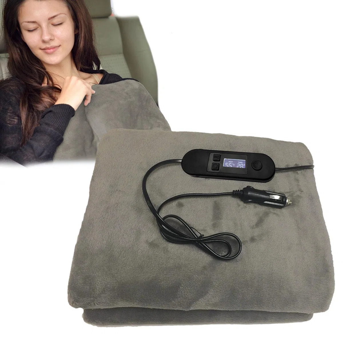 DASHIELL Coperta Riscaldata Elettrica 12V Morbida e Accogliente in Flanella con Azione di Riscaldamento Rapido, Portatile per Auto, Campeggio e Casa, Grigio, 100x60 cm