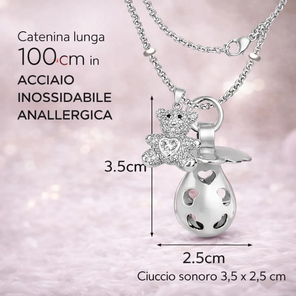 SAGA GIOIELLI® Collana Donna Chiama Angeli Gravidanza Richiamo degli Angeli Donna Incinta Ciuccio Orsacchiotto