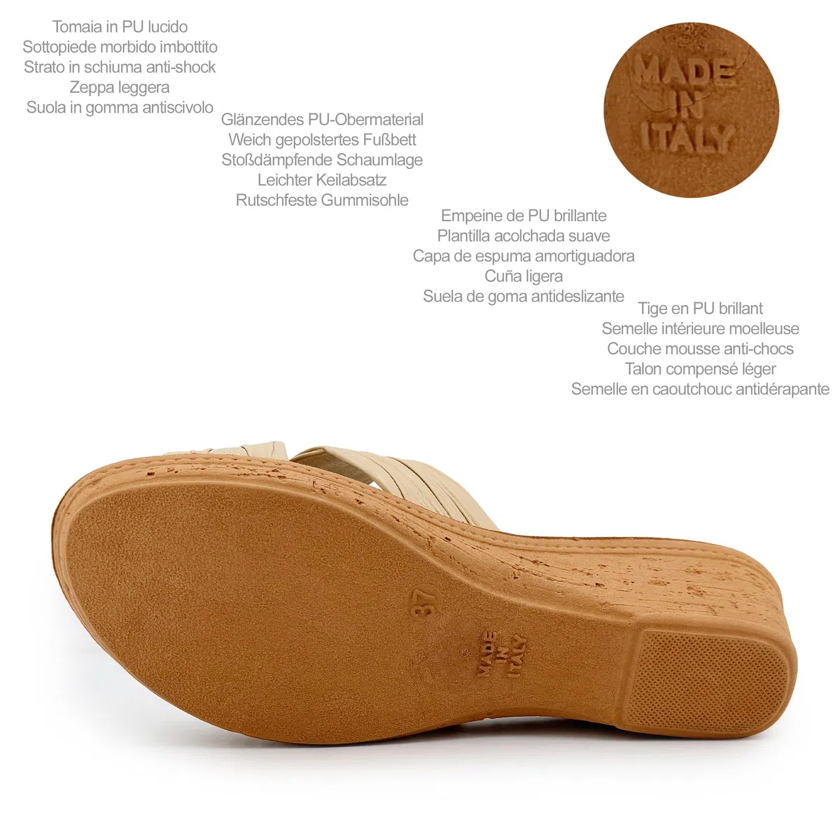 JOMIX Ciabatte Donna Estive Zeppa Comfort Memory Made in Italy Sandali Comodi con Fasce Incrociate Metallizzate Plantare Morbido Anatomico Suola Antiscivolo Leggera per Casa Città e Tempo Libero