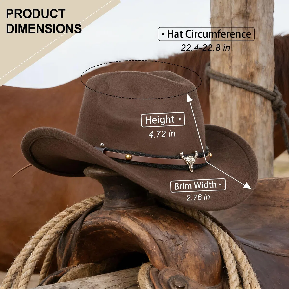 Cappello da Cowboy per Donne e Uomini, Cappelli da Cowgirl in Finta Pelle e Feltro con Tesa Larga per Esterni con Cinturino, Marrone