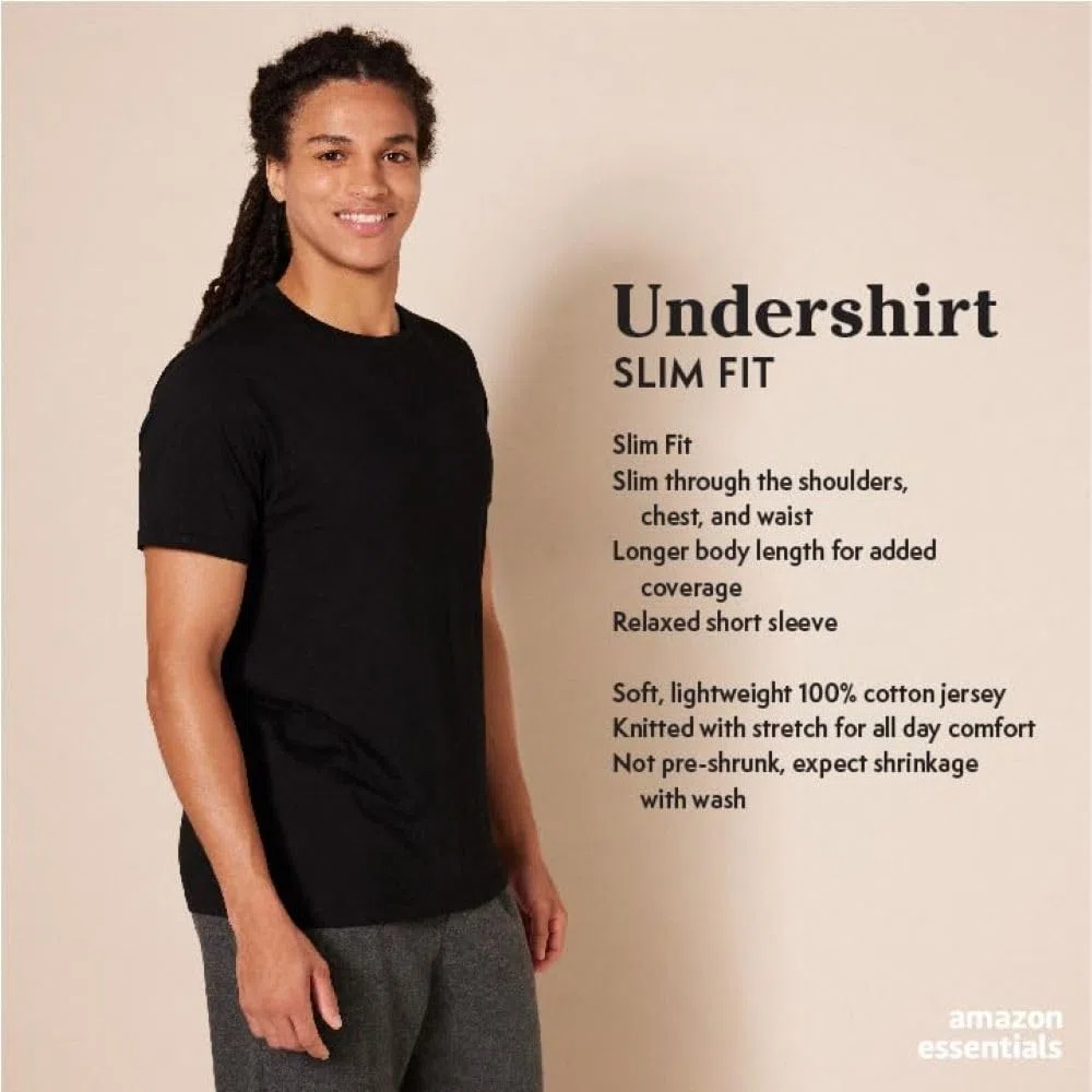 Amazon Essentials Magliette Intime Girocollo in Cotone a Vestibilità Aderente Uomo, Confezione da 6