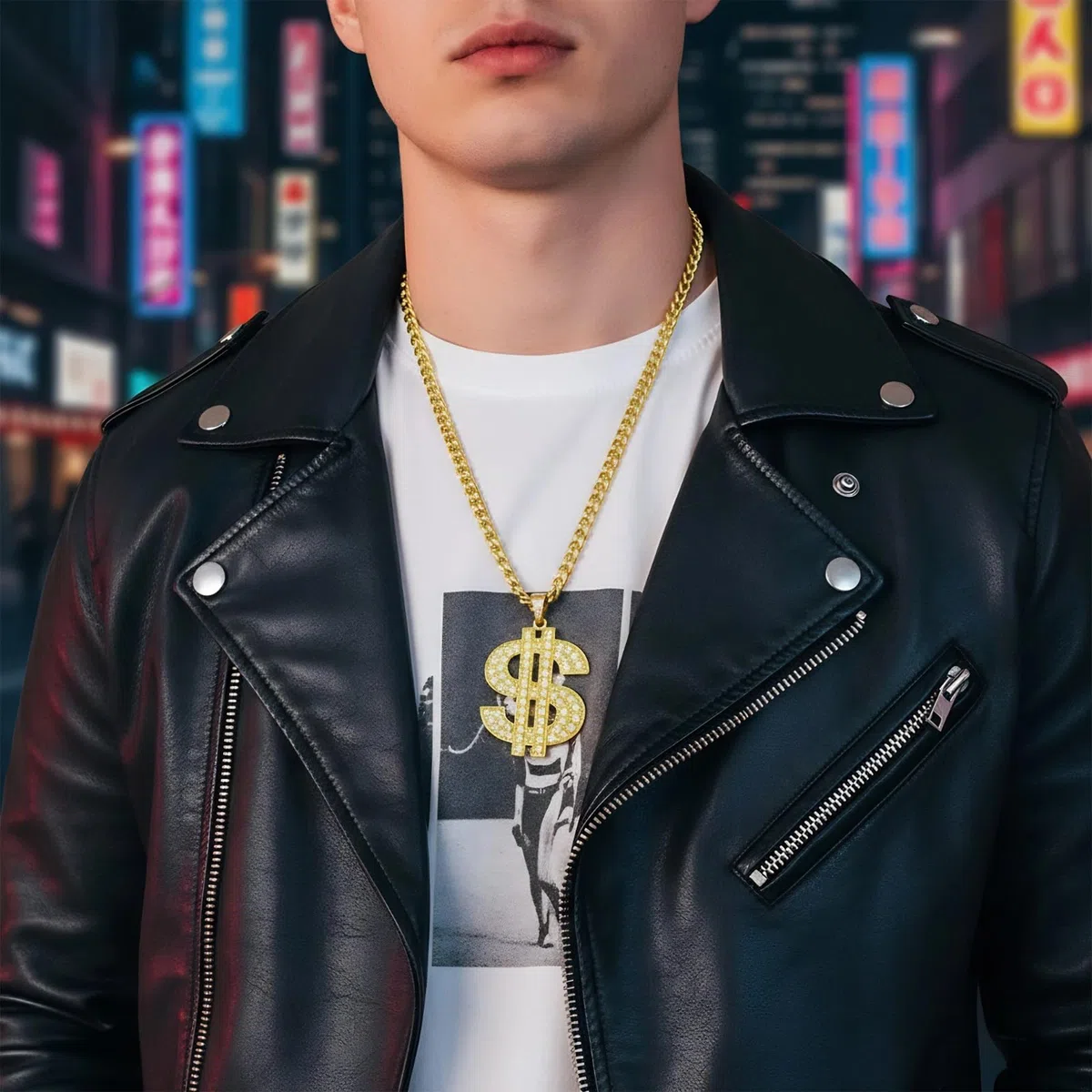 Kit Costume Hip Hop, Collane Segno Dollaro Con Anello Aperto, Anello Con Segno Dollaro, Catena Con Strass, Dollaro Zeichen Halskette Ring Set, Accessori Tema Festa Für Männer Frauen