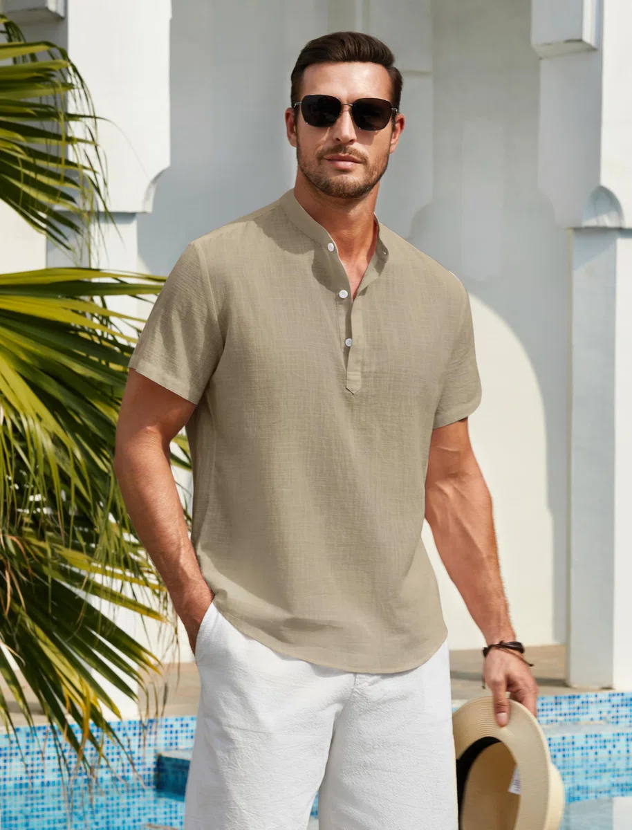 Enlision Camicia Uomo di Lino Cotone Maniche Corte Camicie Collo Coreana Casual Estiva Elegante Maglietta Serafino Tinta Unita vestibilità Ampia S-4XL