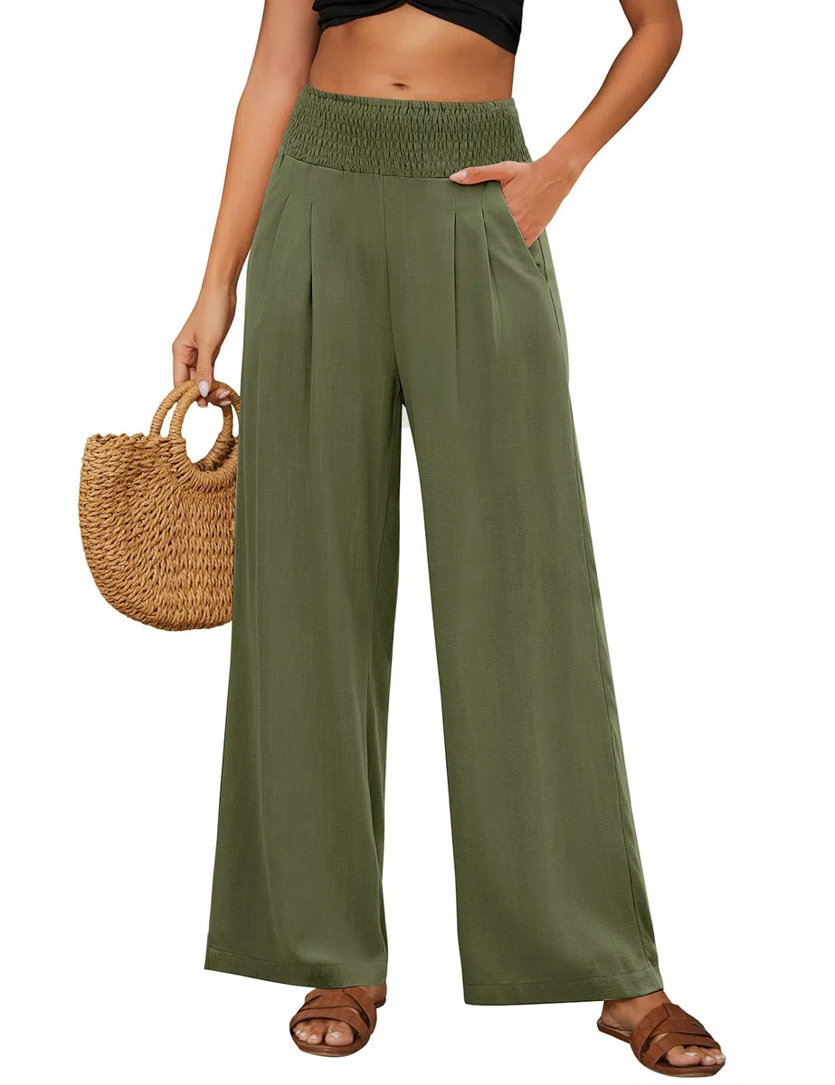 Pantaloni Lino Donna Estivi Pantaloni Elastico Vita Alta Larghi Eleganti Pantalone Casual da Spiaggia Comodi Leggeri con Tasche