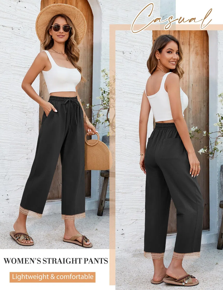 Pantaloni Donna Estivi Casual Cotone Pantalone Leggeri Larghi con Coulisse Elastico Pantaloni Vita Alta Gamba Dritta Pantaloni con Tasche