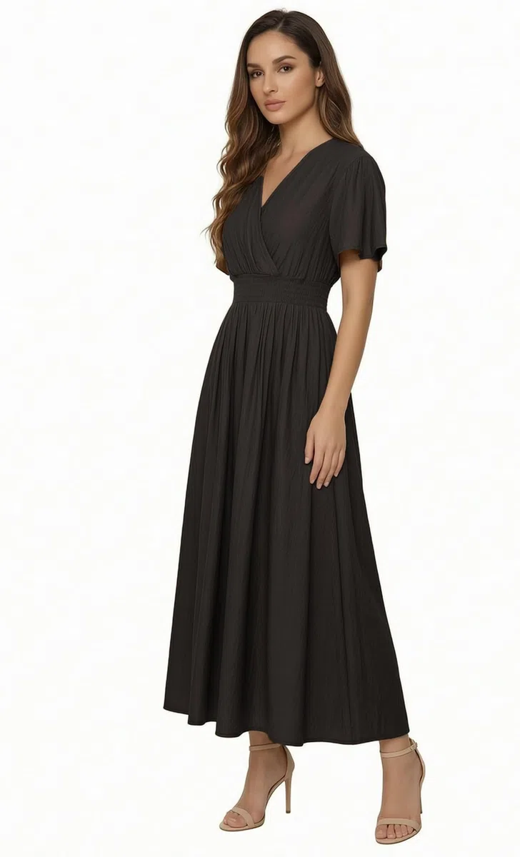 Vestito Donna Estivo Lungo Elegante Casual Tinta Unita Scollo a V Maniche a Volant Vita Elastica Linea A Abito Spiaggia Mare Q131