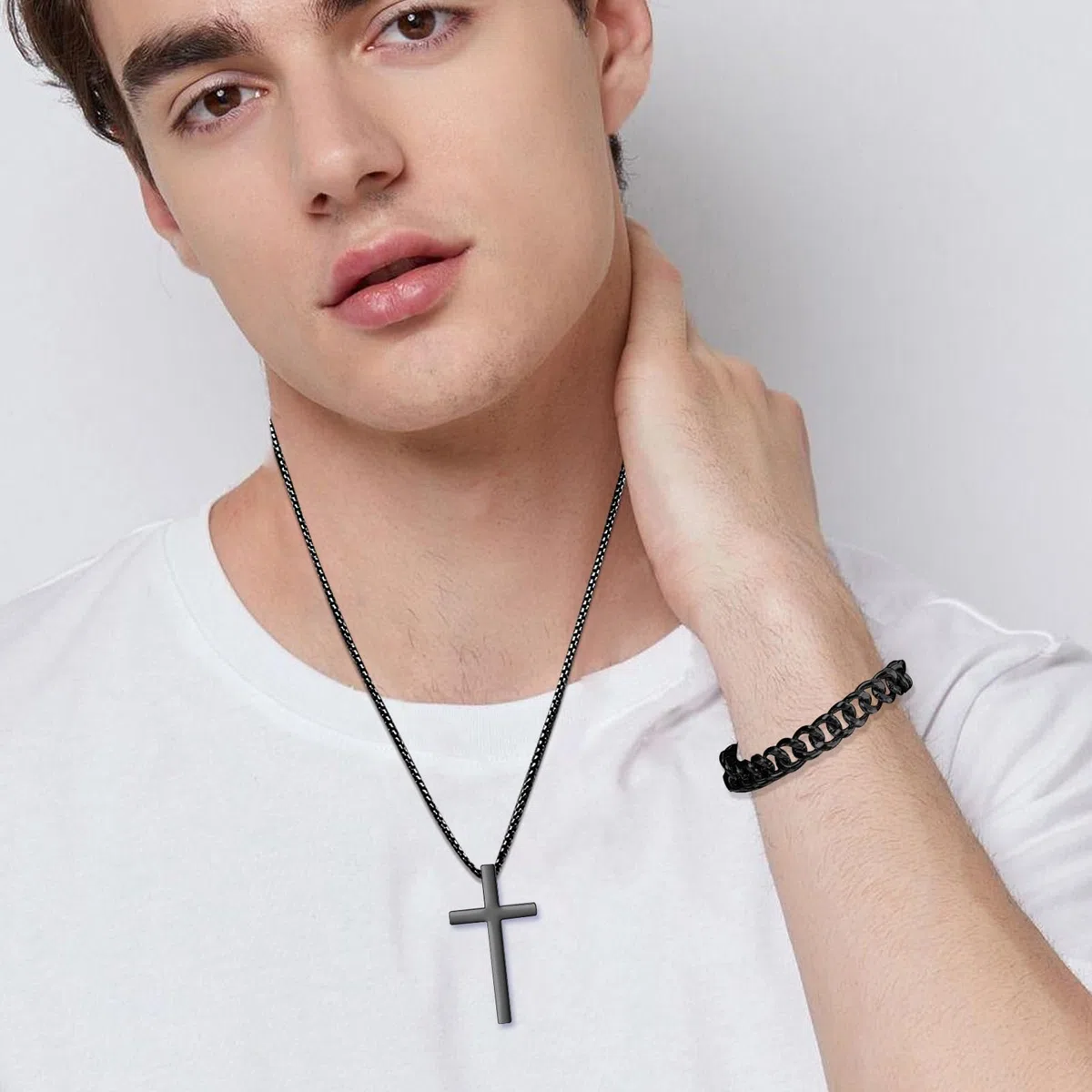 3 Pezzi Set di gioielli da uomo Collana con ciondolo a croce in acciaio inox Bracciale a catena cubano anello rotante Regali per uomini ragazzi