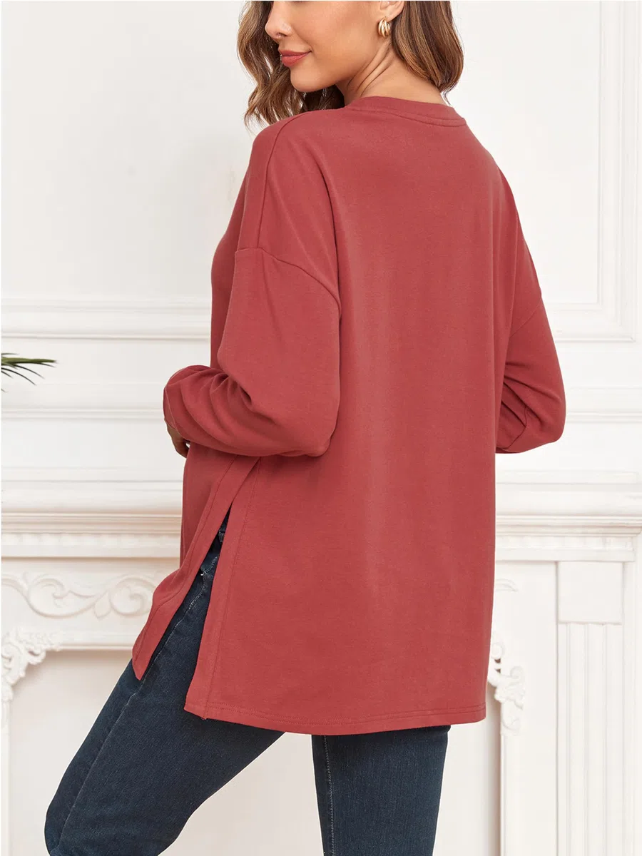 Top premaman da donna a maniche lunghe, vestibilità ampia, maglietta premaman con spacco laterale, abbigliamento premaman