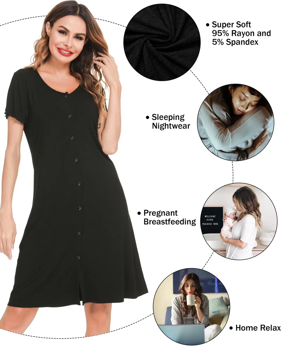 Lovasy Camicia da Notte Donna Manica Corta Sexy Abito da Notte Estiva con Bottoni Un Pezzo Pigiama Curvy Premaman Allattamento con Tasche