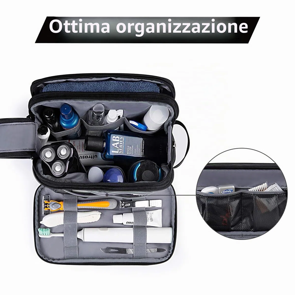 BAGSMART Beauty Case da Viaggio Uomo Donna, Borsa da Toilette con Doppia Apertura A Cerniera, Borsa per Cosmetici, 5 L, Pellicola in Pelle Nera