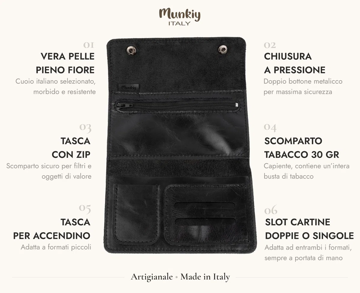Portatabacco in Vera Pelle Artigianale – Astuccio Porta Tabacco con Zip e Tasche per Cartine, Filtri e Accendino - Made in Italy (Nero)