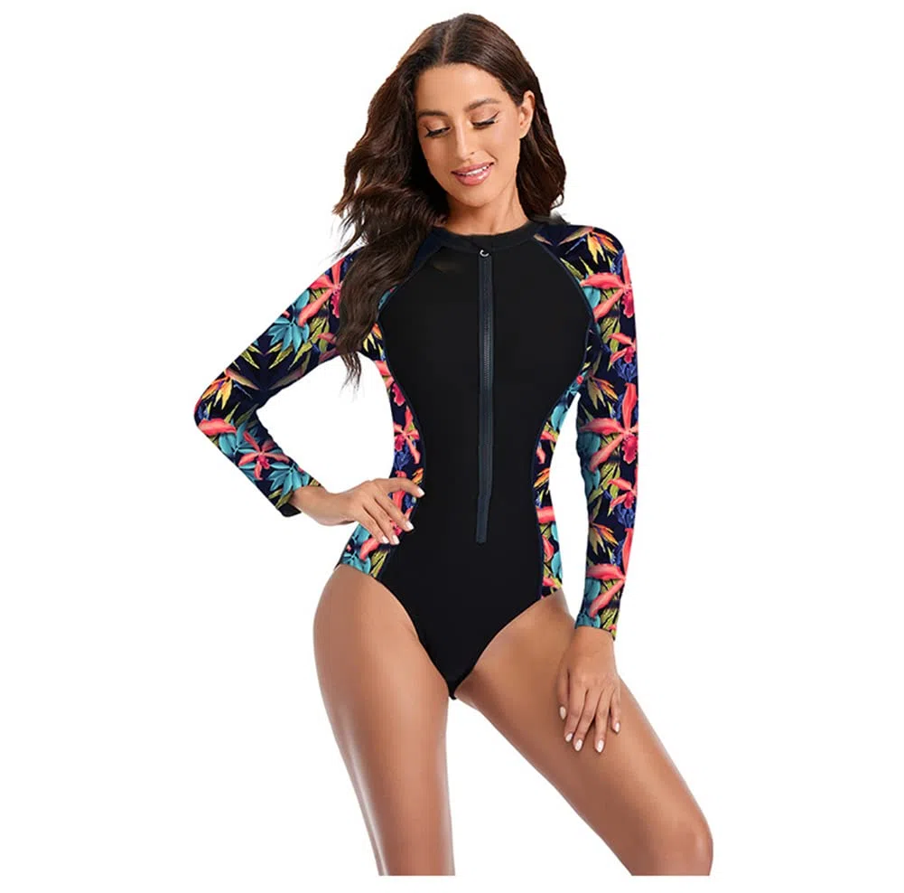 Donna Anteriore Zipper Stampa Sexy Surf Diving Costume da Bagno Manica Lunga Rash Guard Un Pezzo Costume da Bagno