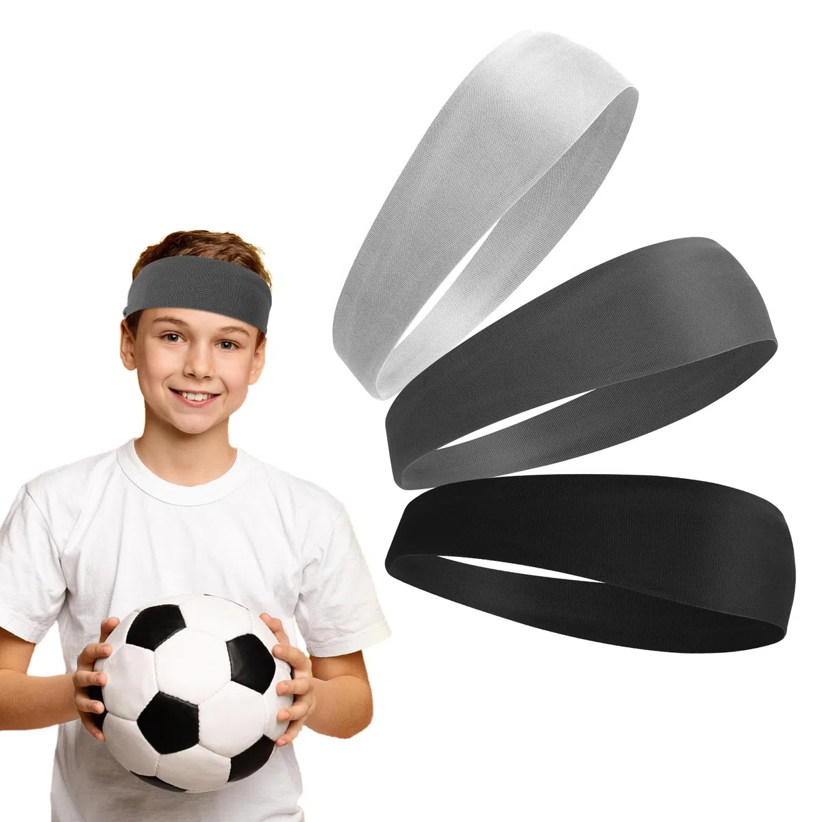 Dimeho 3 fasce per capelli sportive per bambini, per ragazzi e ragazze, elastiche, morbide, traspiranti, assorbono il sudore, per calcio, basket, corsa, tennis