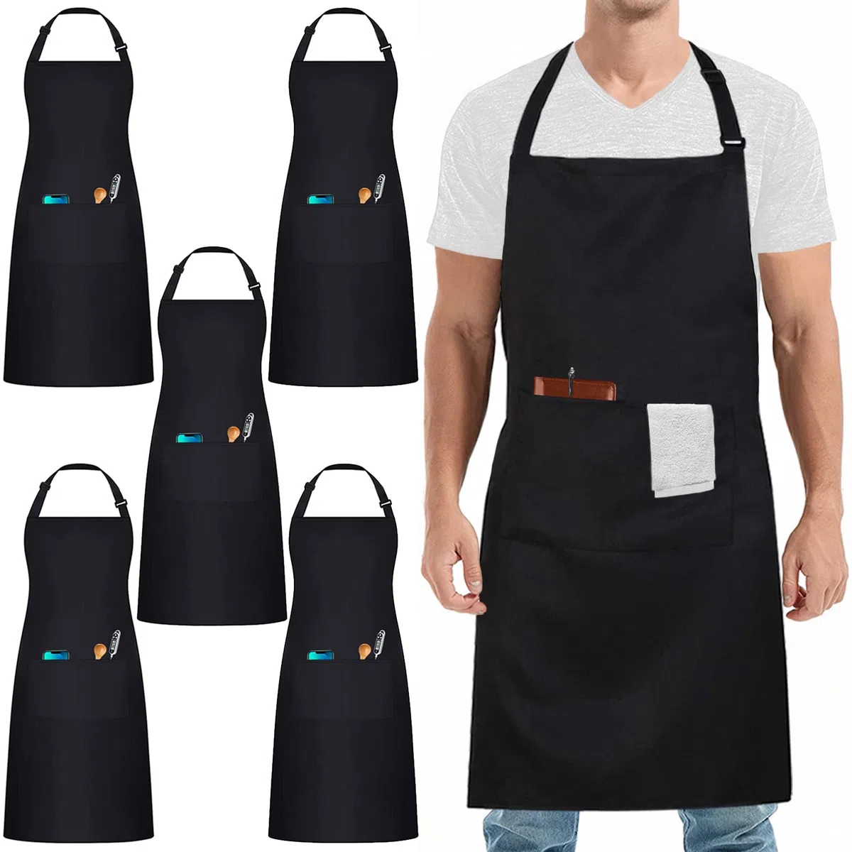 5 Pezzi Nero Bianco Cucina Grembiule, Professionale Lavoro Grembiule per Donne Uomini Ristorante (Regolabile,3 Tasche)