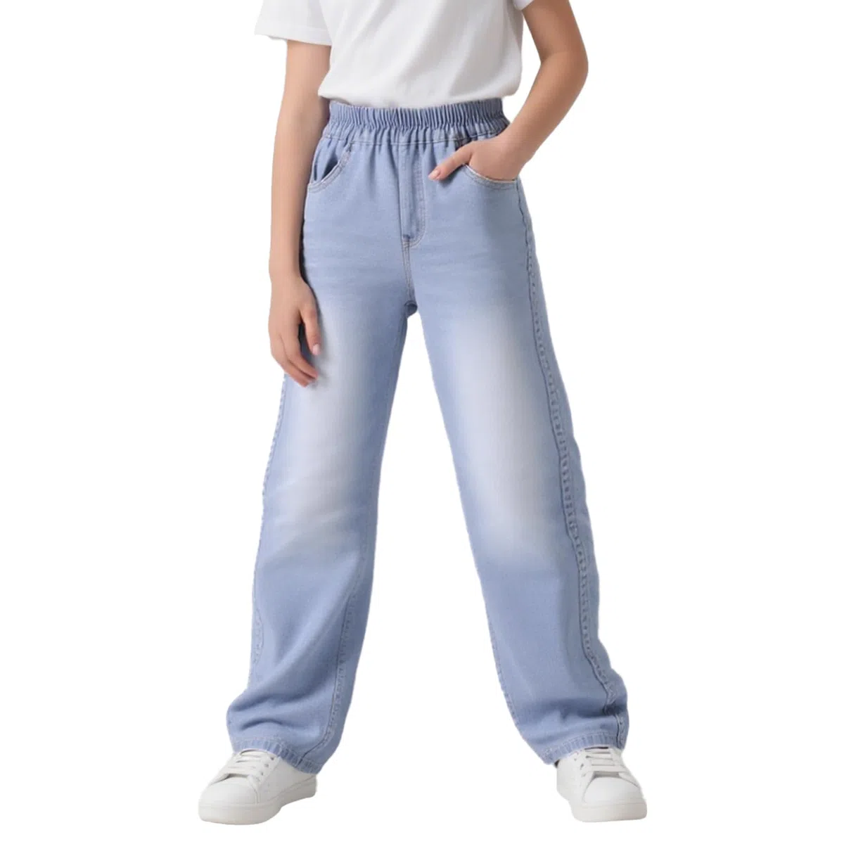 Jeans Ragazze, Baggy Loose Fit Morbidi Pantaloni con Elasticizzati Vita Lunghi Denimjeans Bambina Casual Gamba Larga Blu Denim Pants Versatile Moda Streetwear per Ragazza 6-14 Anni
