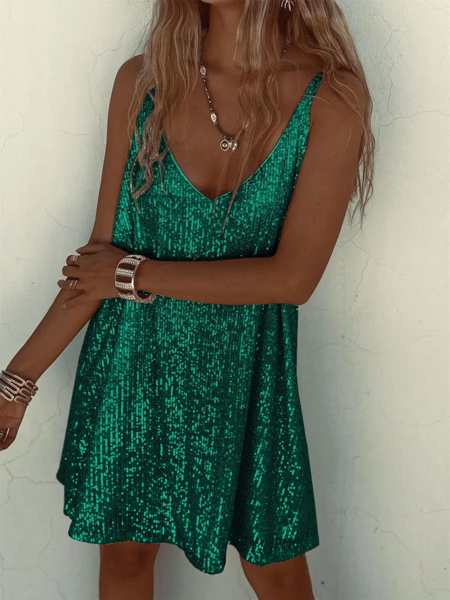 Gonna in Paillettes Abito Corto da Donna Abito Camisole Sexy con Scollo a V,Bretelle Sexy, Abito in Paillettes, Abito Aderente