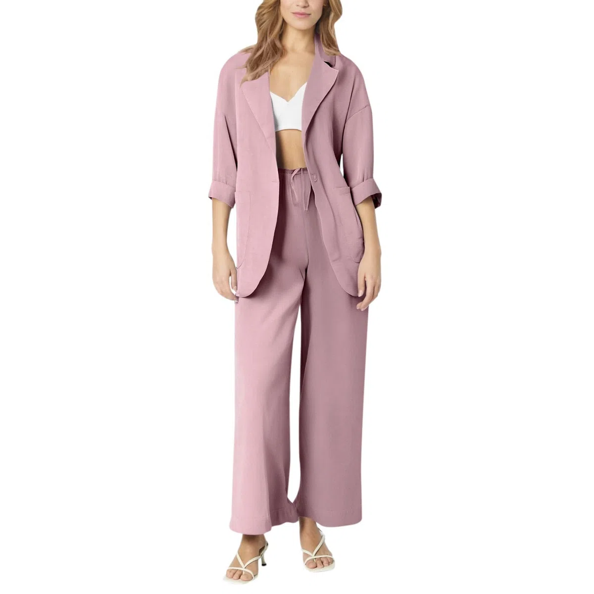 Tailleur Donna Elegante Invernali Cerimonia Lino 2 Pezzi Blazer Matrimonio Oversize Completo Pantaloni Larghi Verde Salvia Giacca Comunione Business Suit con Risvolto per Matrimoni E Feste