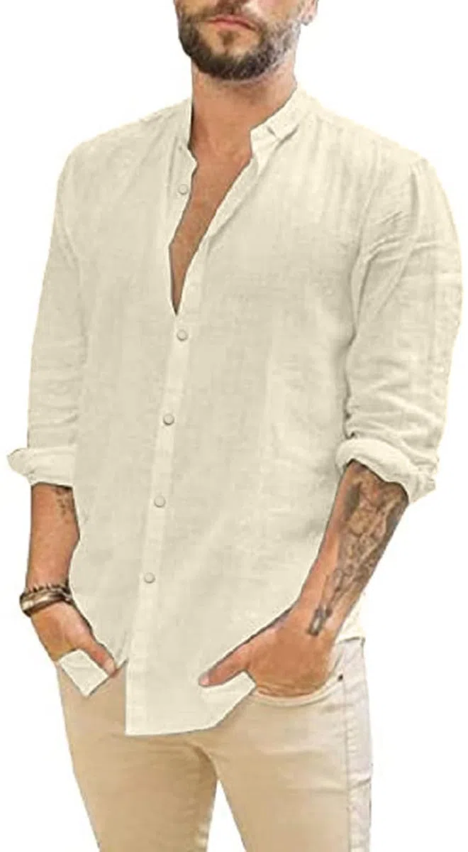 Friptspyg Uomo Camicia Lino Cotone a Maniche Lunghe Casual Camicia da Spiaggia vestibilità Regolare Camicie Estive