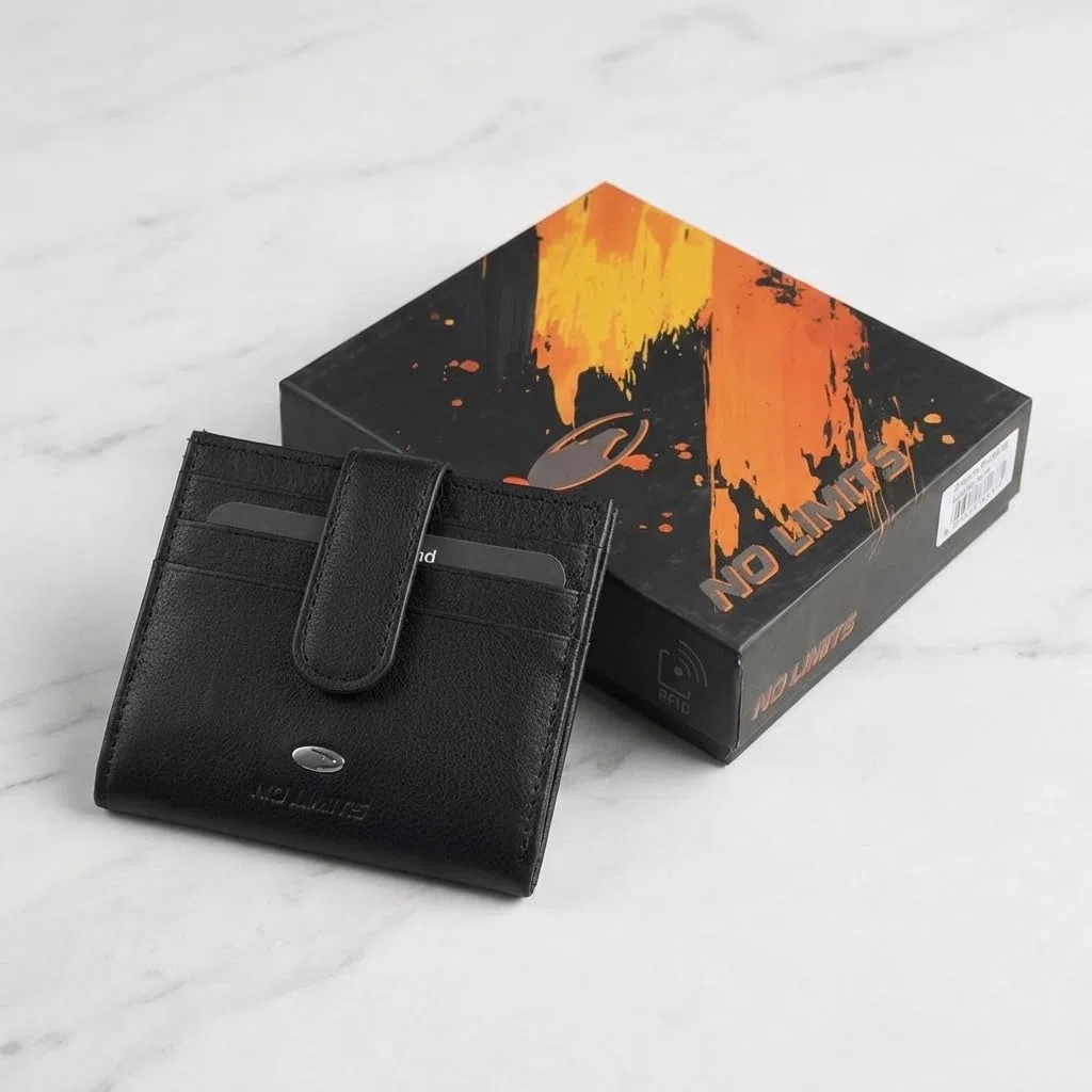 No Limits Porta Carte di Credito Uomo in Vera Pelle, Portafoglio Slim, Con Protezione RFID, Con Scatola, Nero