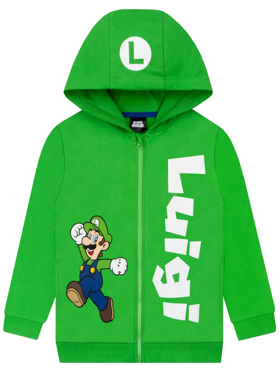 Super Mario Felpa Bambino, Felpa Bambino Luigi, Felpe Ragazzo con Cappucio
