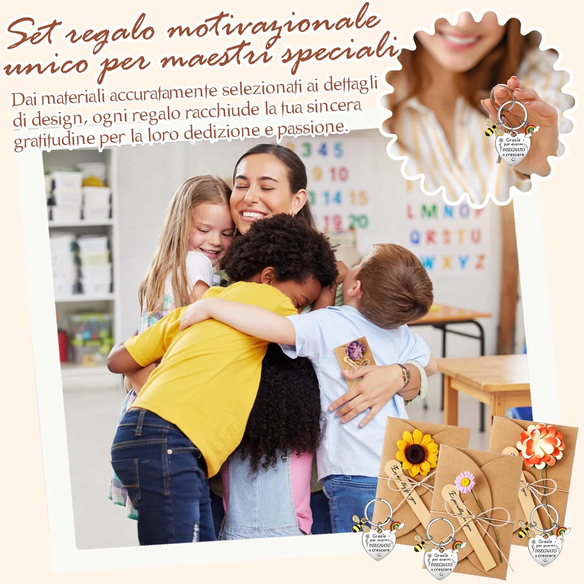 8 Sets Regali di Ringraziamento per Insegnanti 8 Portachiavi Api Arcobaleni in Metallo 8 Buste di Fiori Secchi con Biglietti di Auguri per Maestra Laurea Scuola Addio Giorno degli Insegnanti
