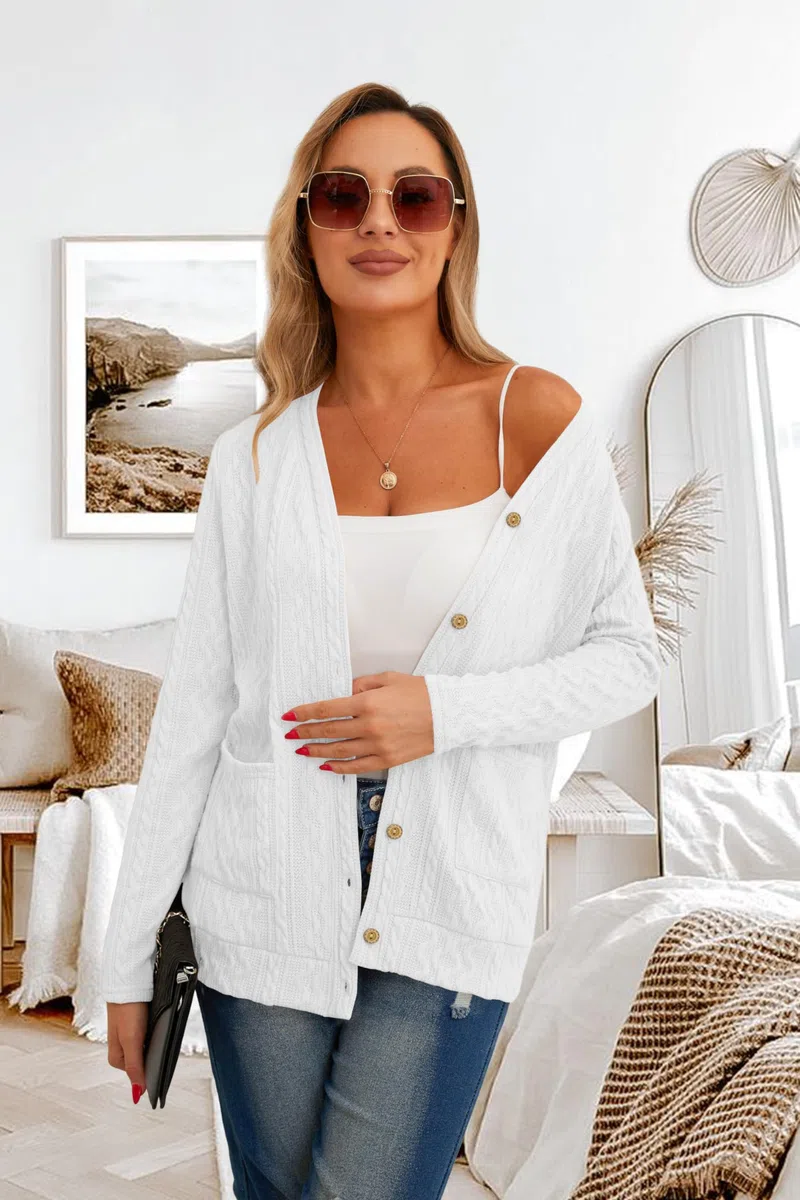 Cardigan Donna Giacca Maglioncino Cotone Donna Leggera Elegante Attorcigliato Casuale Solido Cardigan per l'Autunno con Bottoni, Scollo a V e Pratiche Tasche