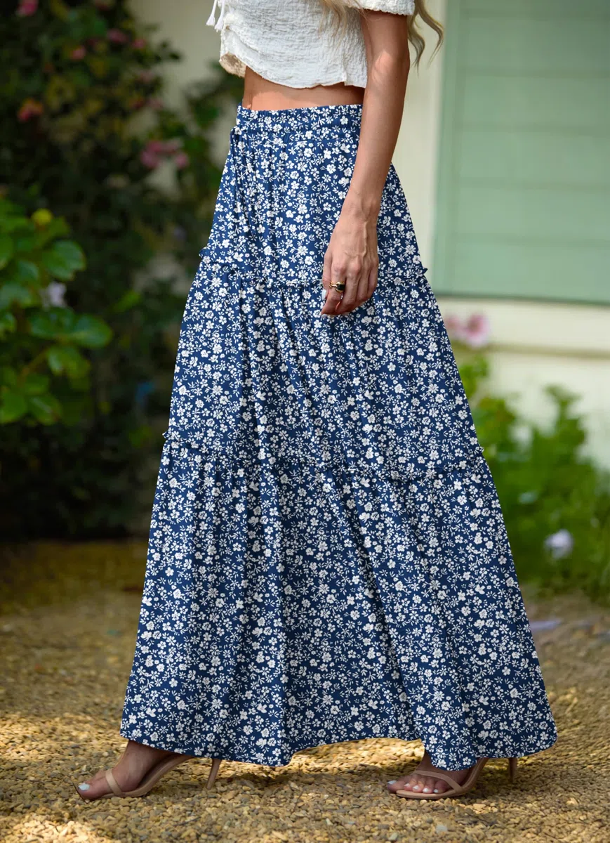 QIXING Gonna da donna in stile bohémien, a vita alta, maxi gonna estiva alla moda floreale carina con tasche