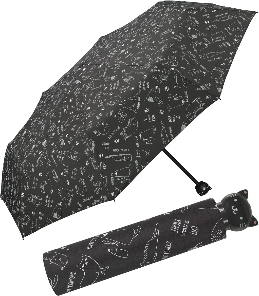 Grazioso ombrello da donna con gatti e impugnatura con testa di gatto, colore: nero/bianco, Nero , 95 cm