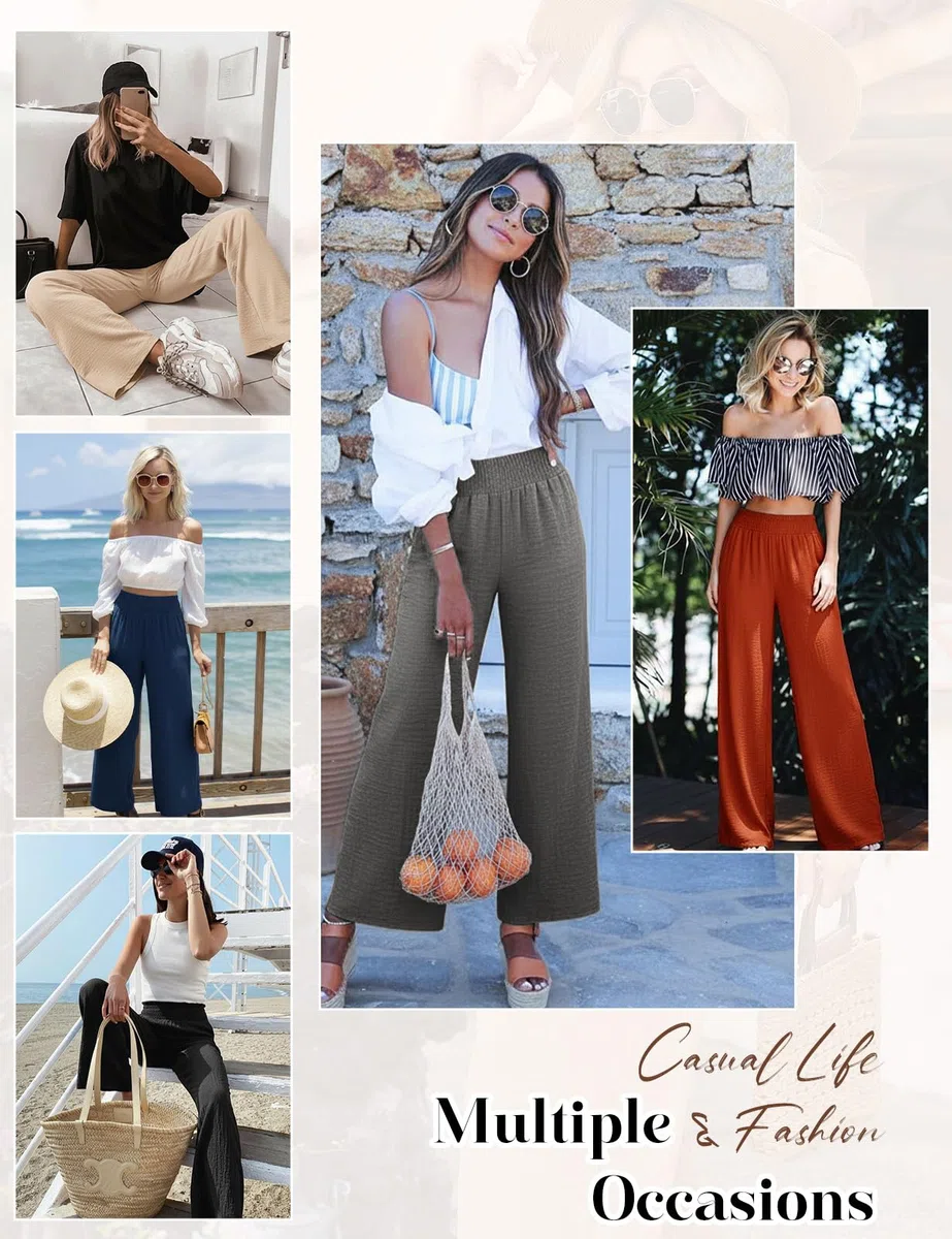 HEEKPEK Pantaloni Donna Estivi Leggeri Pantaloni Comodi Larghi Casual Elastico Vita Alta Solido Sciolto Lunghi Palazzo Pantaloni Gamba Dritta Casual Spiaggia Jogging con Tasche