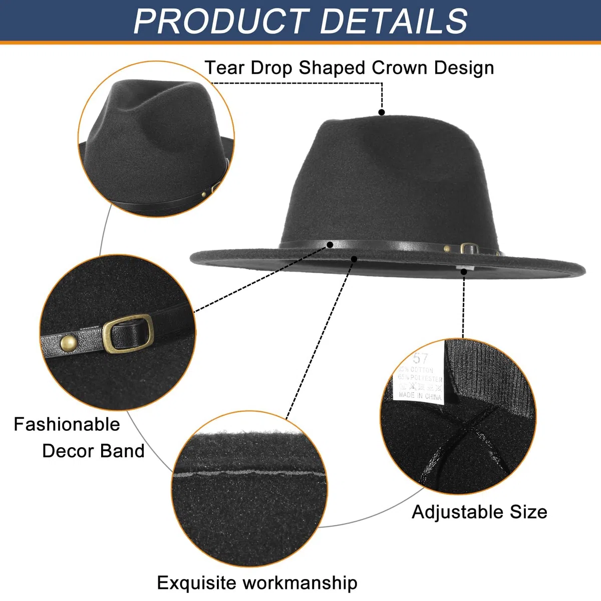 EOZY Cappello Fedora classico da uomo a tesa larga in feltro Panama Fedora Cappelli Gentleman Jazz Hat per Beach Party Outdoor