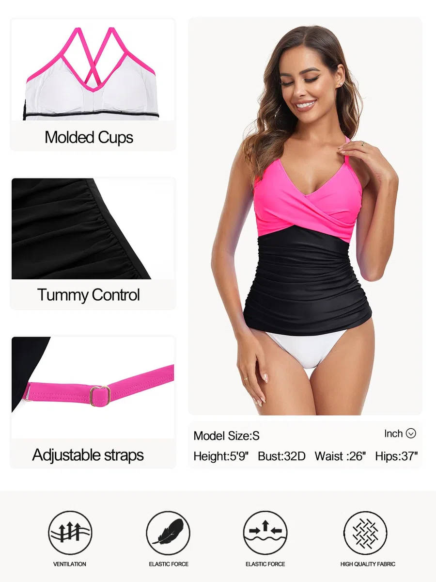 Ocean Blues Tankini da donna con controllo della pancia, push-up, scollo a V, solo top