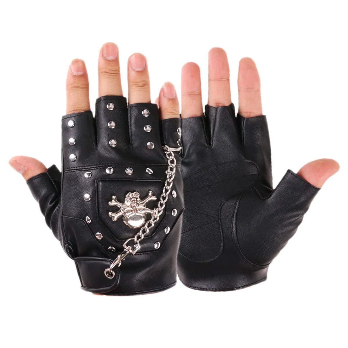 Guanti da motociclista neri con rivetti punk, mezze dita, guanti da motociclista con catena in metallo per moto senza dita guanti da ballo, come da immagine, as the picture shows