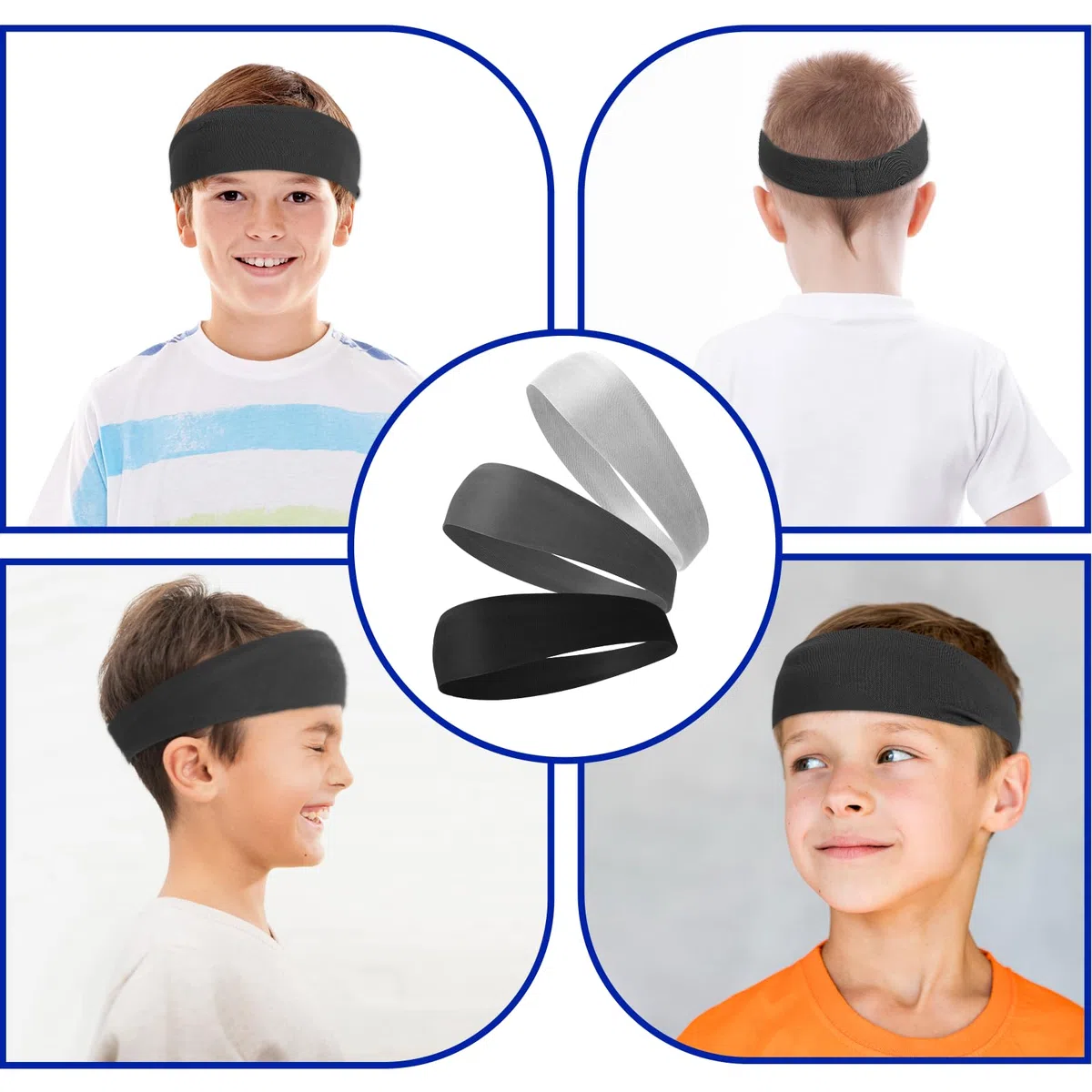 Dimeho 3 fasce per capelli sportive per bambini, per ragazzi e ragazze, elastiche, morbide, traspiranti, assorbono il sudore, per calcio, basket, corsa, tennis