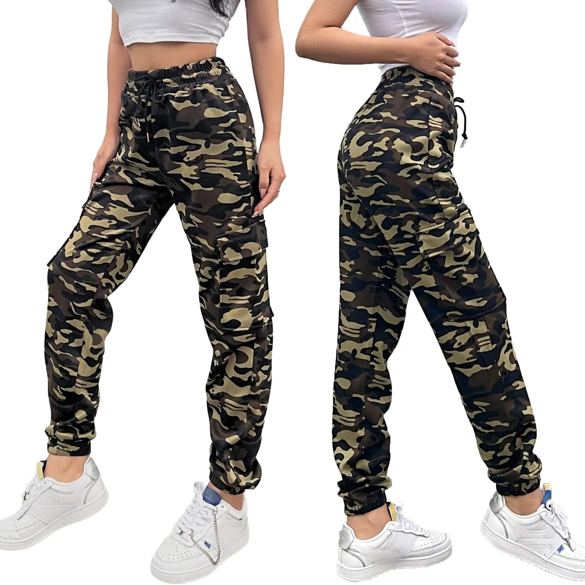 Nuofengkudu Harem Pantaloni della Tuta da Donna Mimetici Elastico Vita Alta Coulisse Tasche alla Caviglia Laterali Petite Cargo Joggers Leggeri Sportivi Jogging Pants