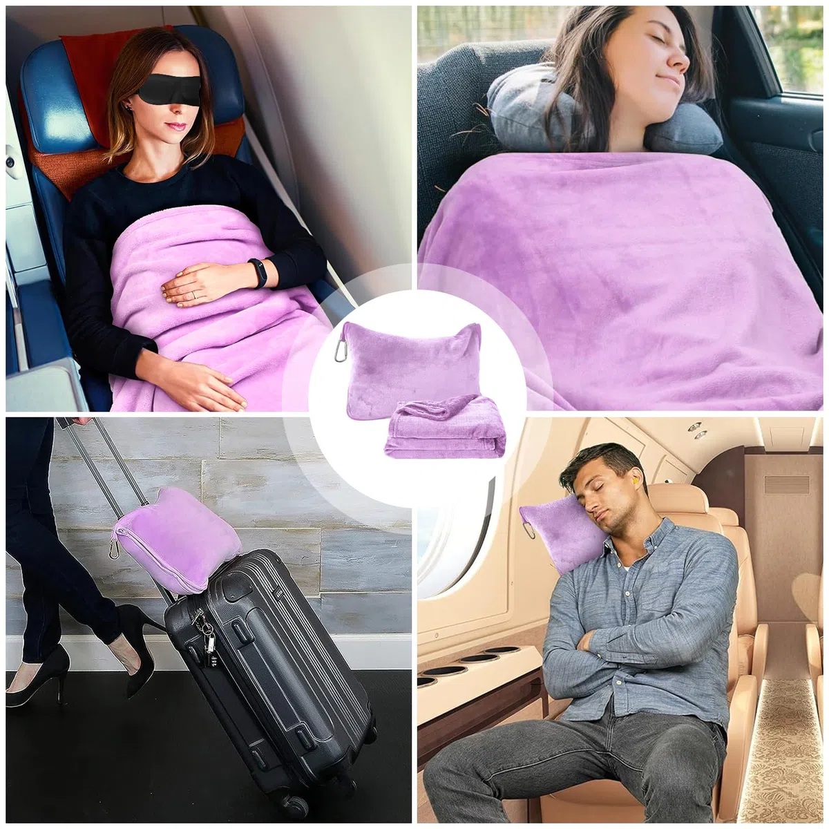 Coperta da viaggio ultraleggera calda, cuscino di trasformazione 2 in 1, coperta da viaggio aereo, gadget da viaggio con maschera per dormire e tappi per le orecchie, coperta da viaggio, per viaggi