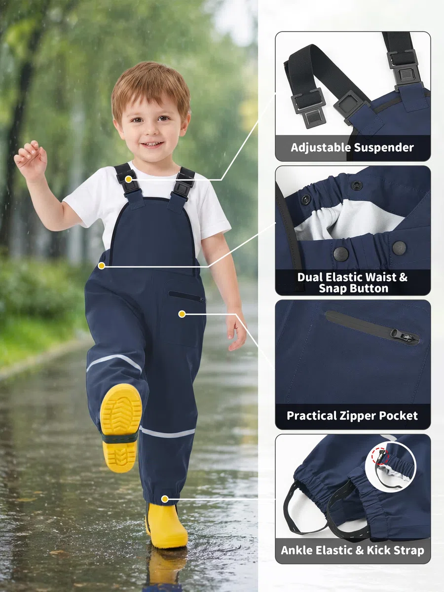 Volunboy Pantaloni Impermeabile Bambini 1-5 Anni, Leggeri, Regolabile, Pantaloni Fango, Salopette Antipioggia