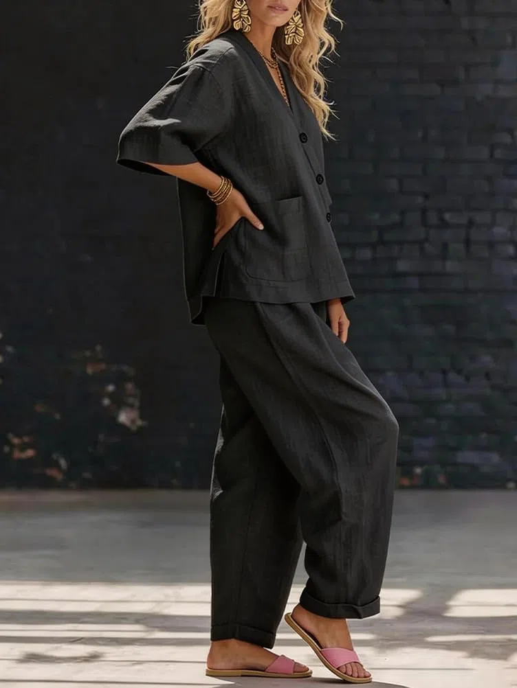 shownicer Completo Donna Lino Tuta Estiva 2 Pezzi Set Maniche Corte Top E Pantaloni Curvy Completo in Lino Due Pezzi Set Completi Tute
