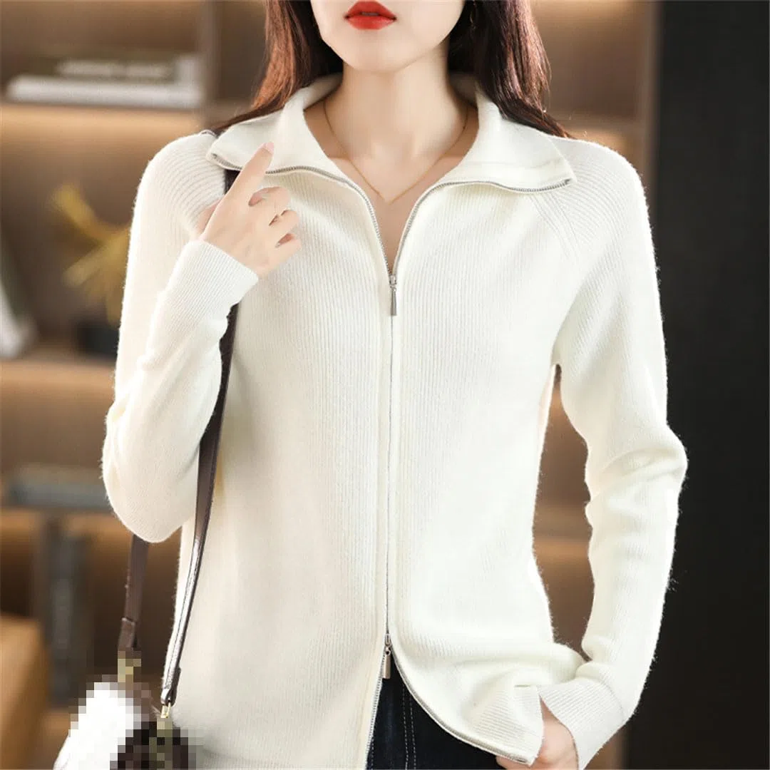 Ownwfeat Maglione di Lana da Donna Doppia Cerniera Cardigan con Risvolto Inferiore Giacca da Donna in Maglia Casual