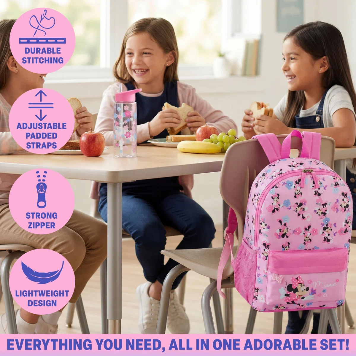 Get Trend Disney Minnie Mouse Zainetto Bambina Zip, Zaino Scuola Set con BPA Free Flip Top Borraccia con Cannuccia per Scuola (Rosa Minnie)