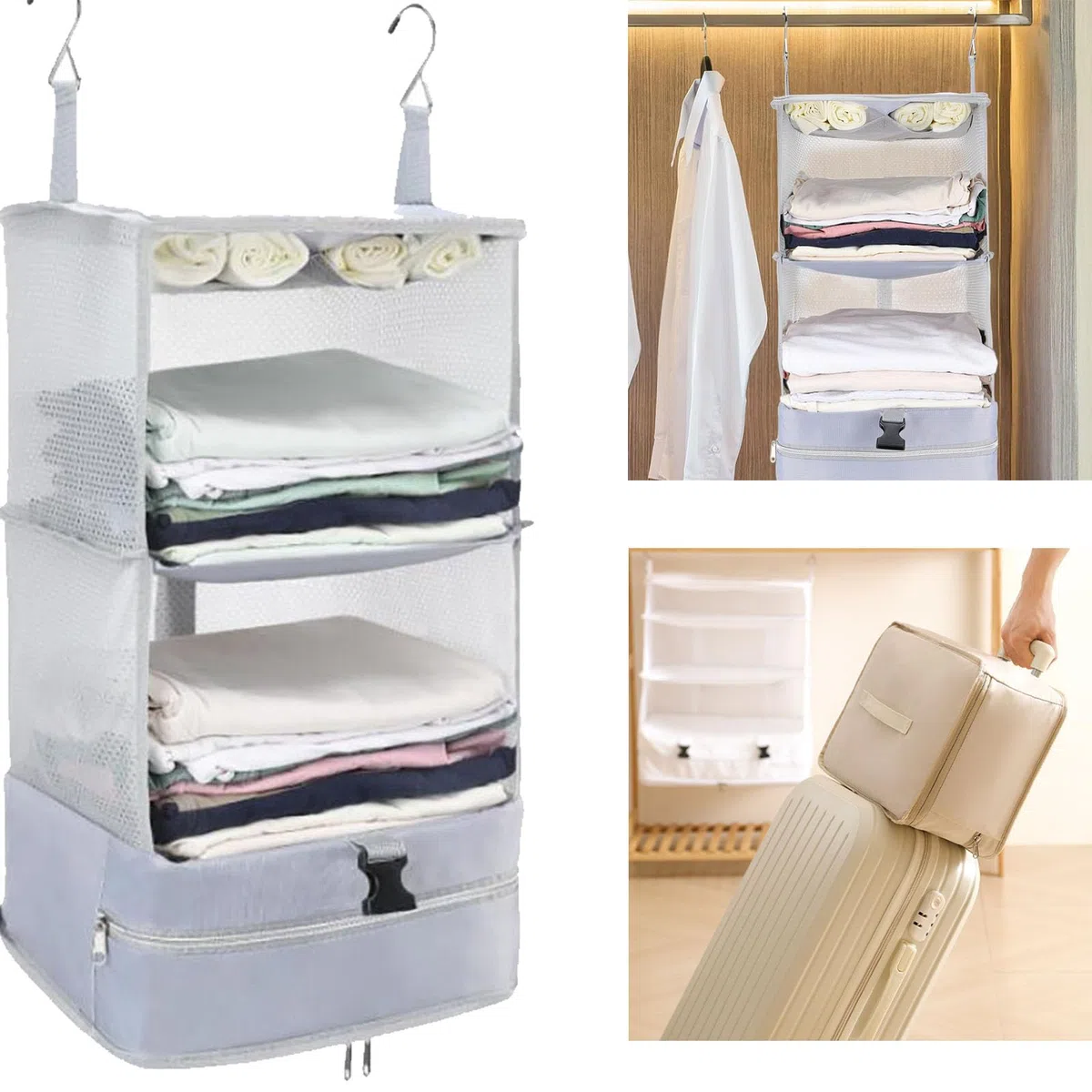 Organizer per valigia, da appendere, a cubo, a compressione con 3 ripiani, 2 ganci, pieghevole, per bagagli a mano, organizer da viaggio, portatile, cubo per zaino, bianco