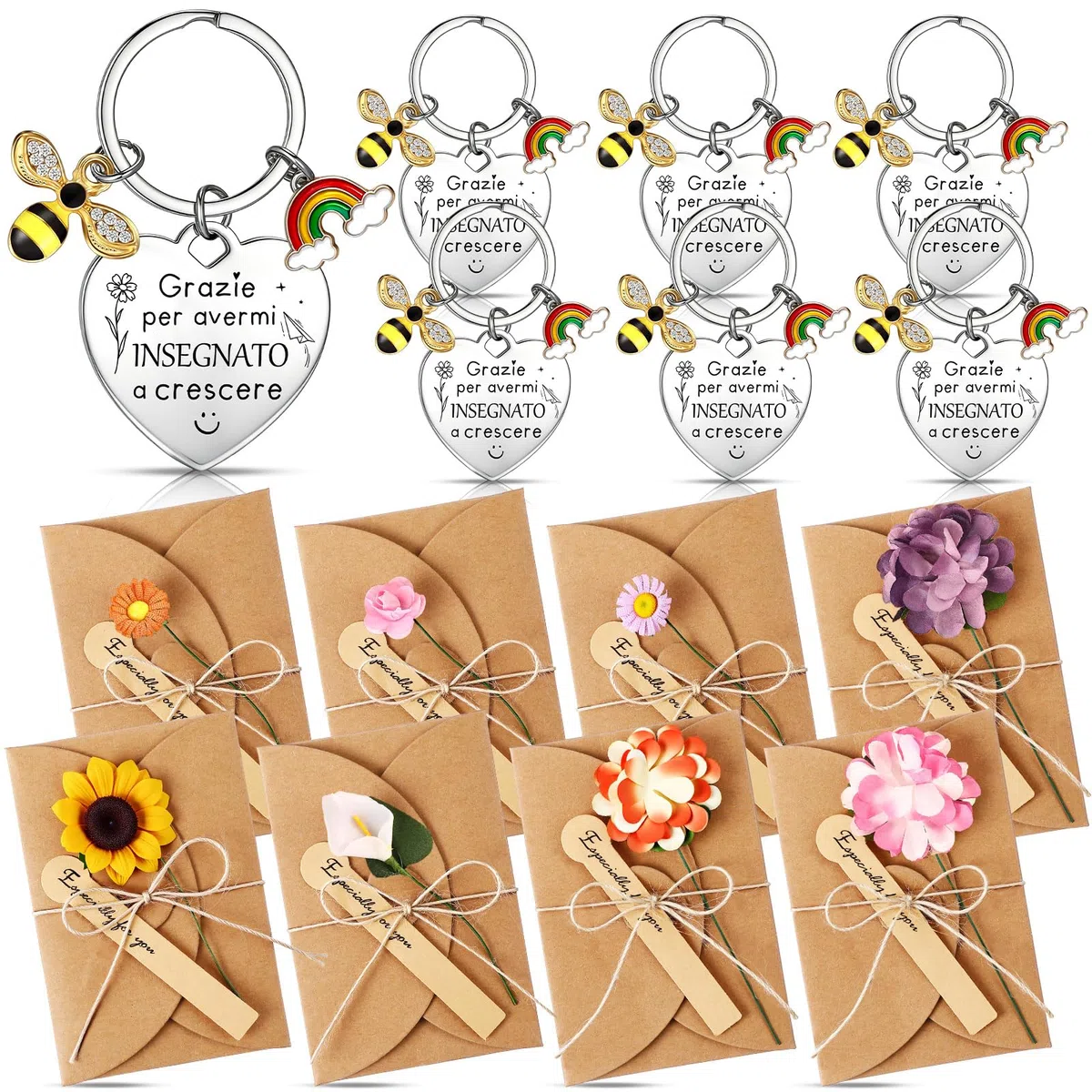 8 Sets Regali di Ringraziamento per Insegnanti 8 Portachiavi Api Arcobaleni in Metallo 8 Buste di Fiori Secchi con Biglietti di Auguri per Maestra Laurea Scuola Addio Giorno degli Insegnanti