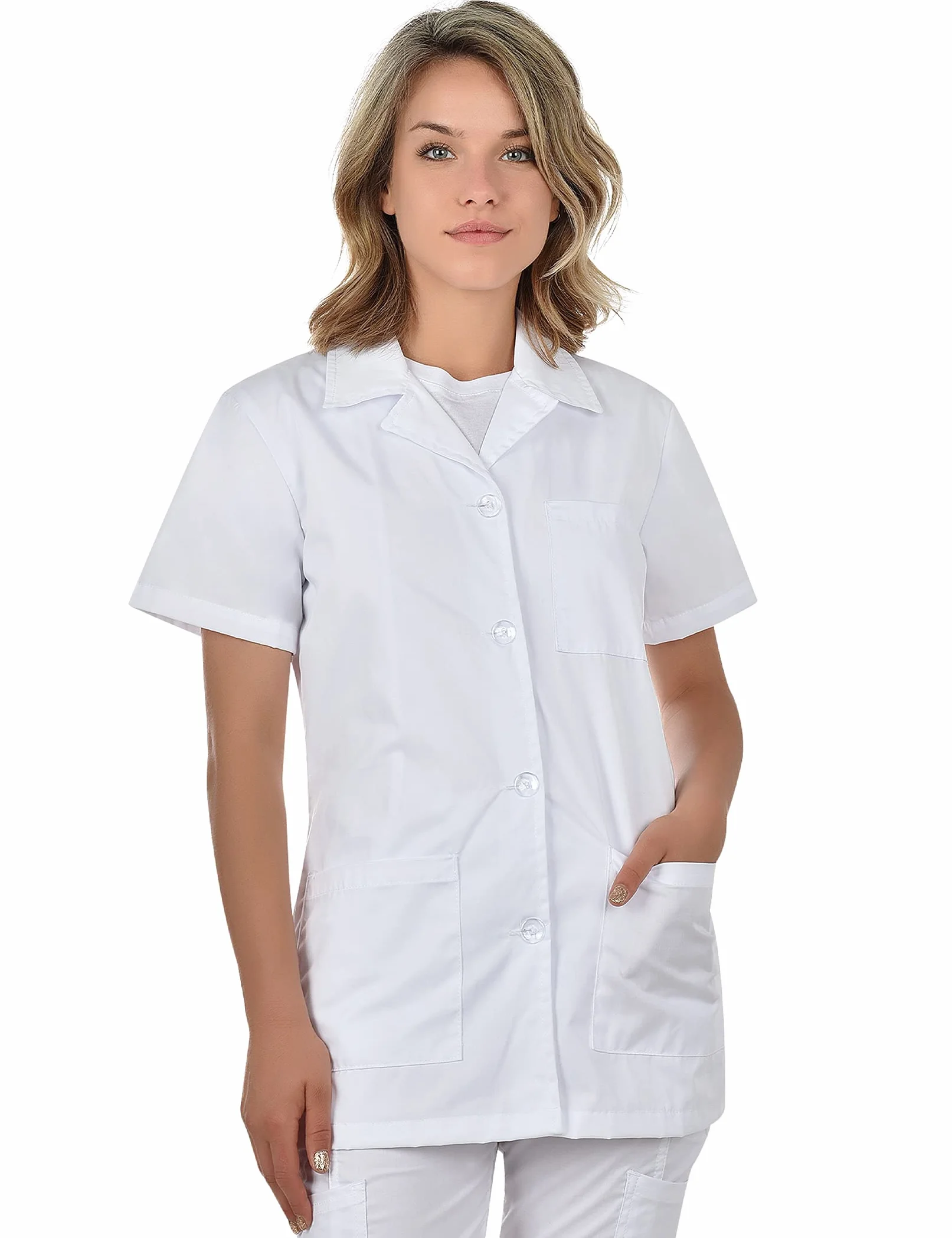 B-well Gabi Casacca Donna Lavoro Camice Medico Infermiere con Bottoni Divisa a Manica Corta Scollo V