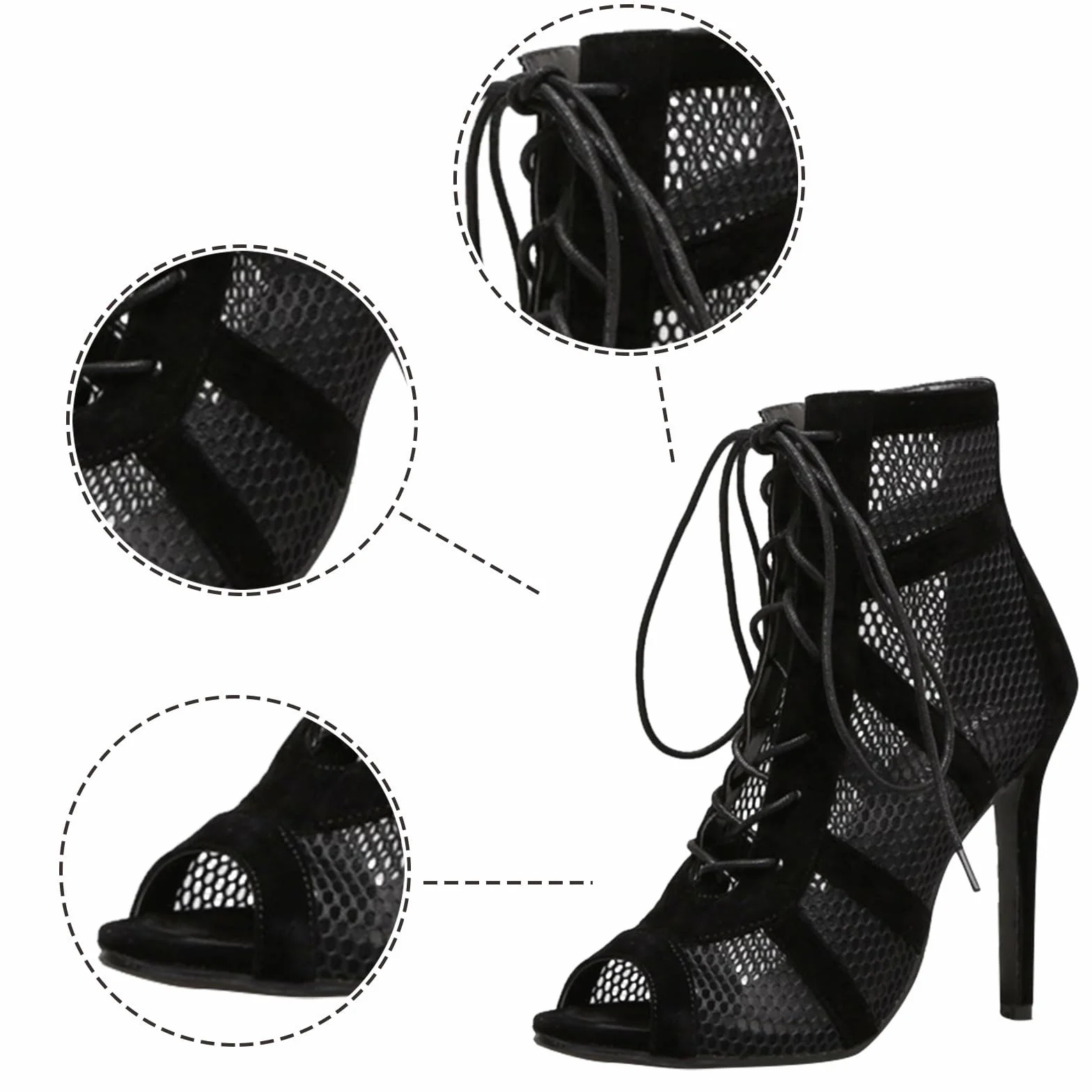 Scarpes Heels Dance Class Bootie Scarpe da Ballo Donna con Tacco Alto Sexy in Rete Eleganti Decollete Scarpe Tacco Donna Punta Aperta con Lacci 7/10 cm per Dance Performance