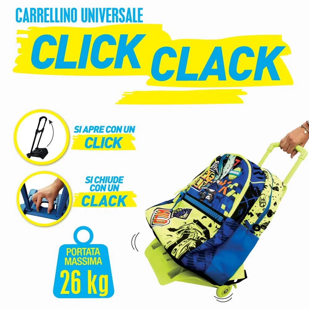 Mitama - Carrello Universale Automatico Porta Zaino CLICK CLACK, Blu, Kit Universale Incluso