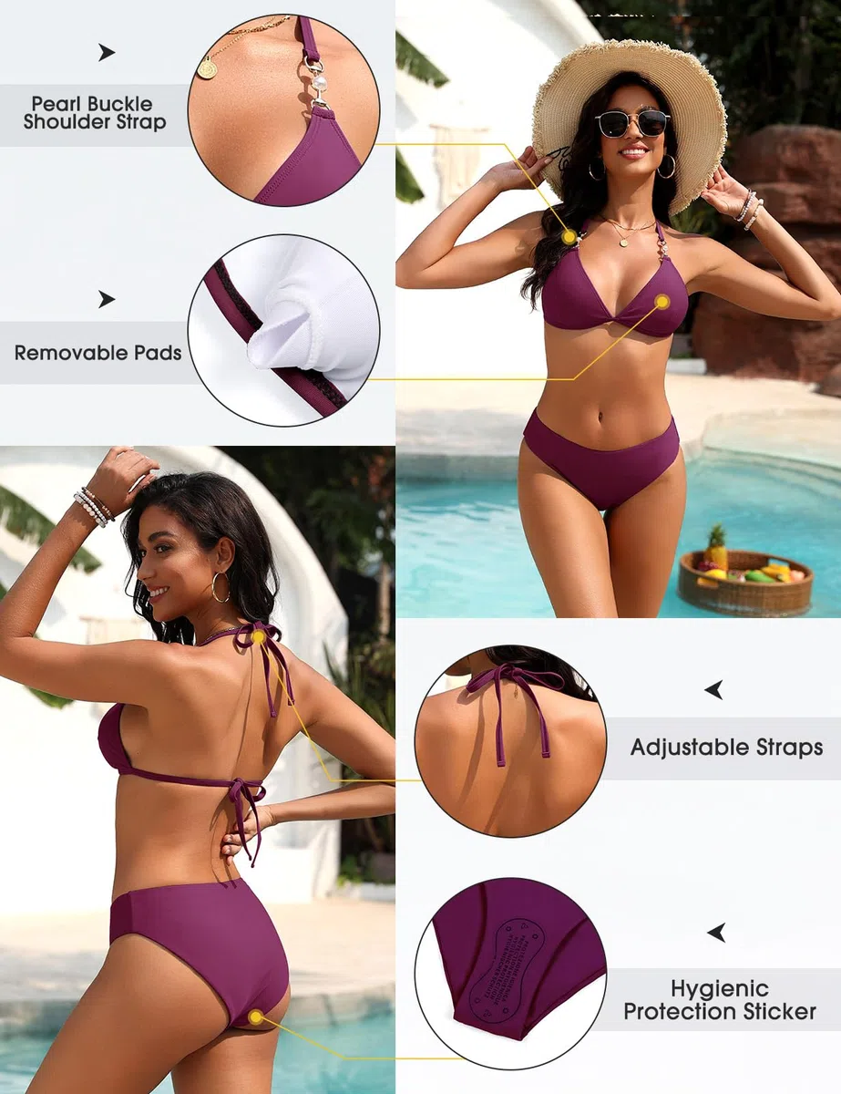 UMIPUBO Costume da Bagno Donna Due Pezzi Sexy Triangolo Top Costumi Bikini Set con Perline Brasiliano Reggiseno Coulisse Spiaggia Beachwear