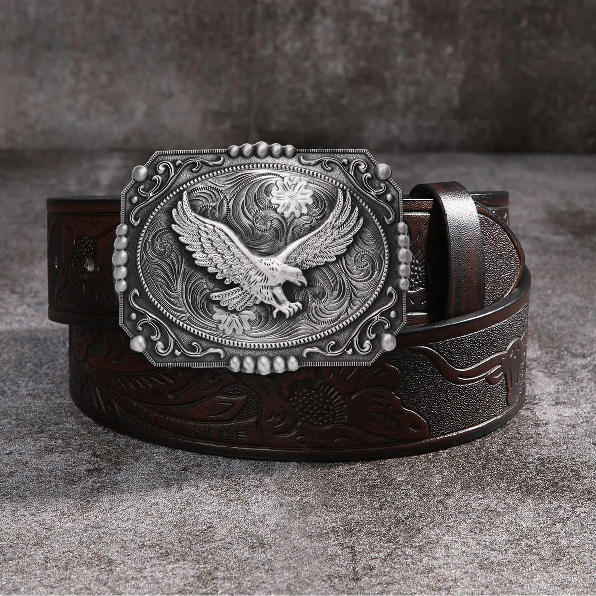 Fibbia per cintura occidentale da uomo, grandi fibbie per cintura con aquila dorata incisa, grande fibbia per cintura per cowboy rodeo